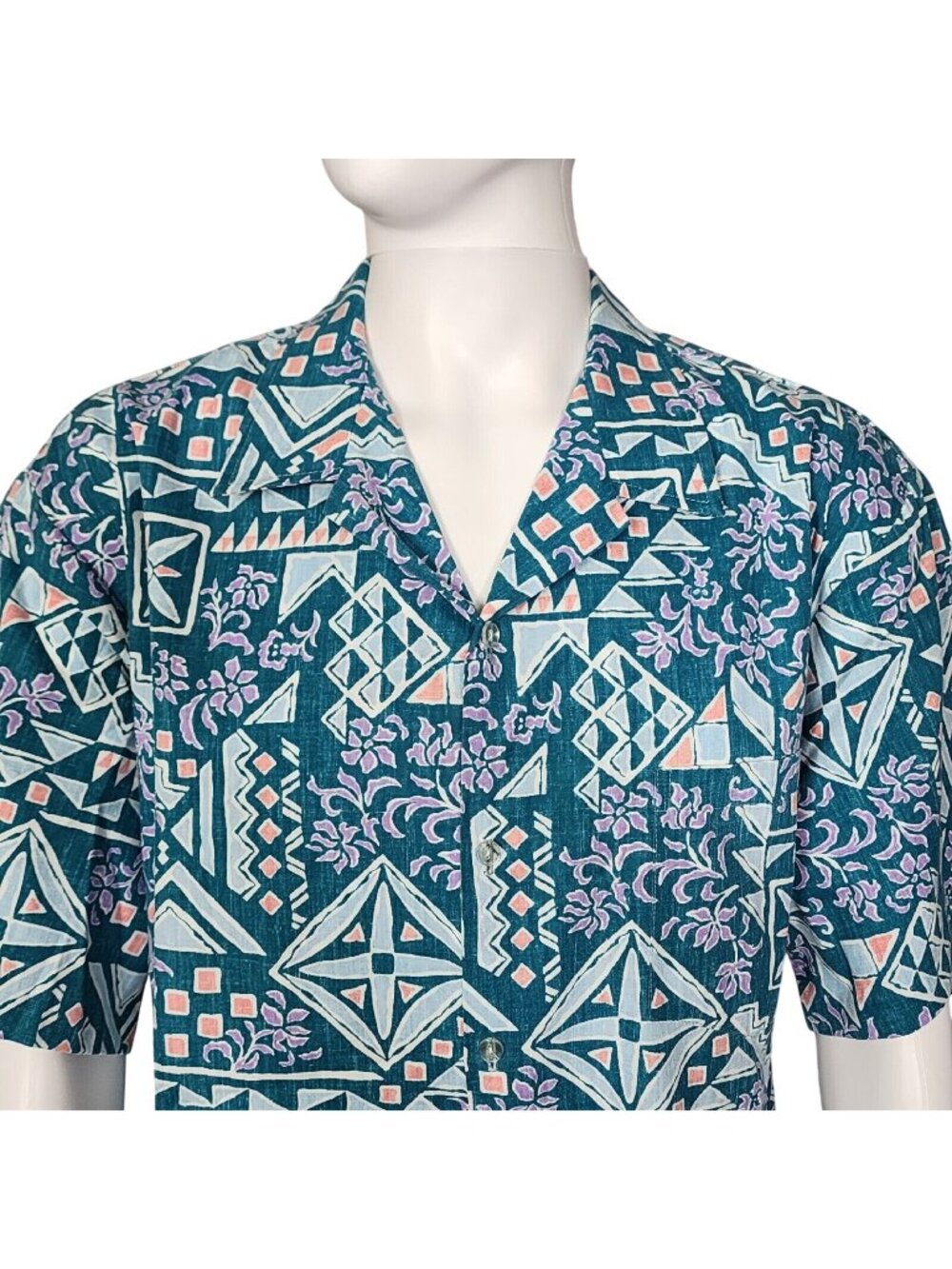 Kai Nani Made In Hawaii Mens Vintage Blue Geometric Floral Hawaiian Aloha Shirt,